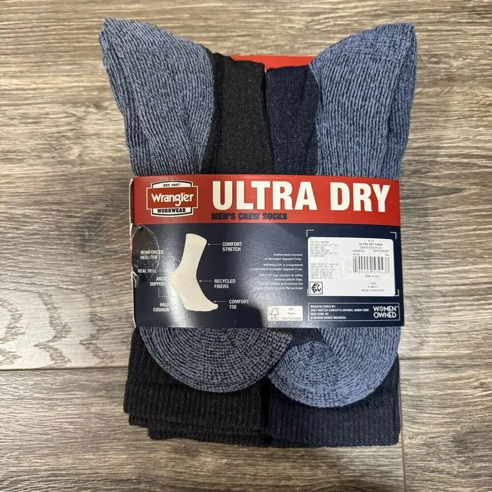 Wrangler Cushion Ultra Dry Crew Socks for Men, Size 6-12 Denim Color